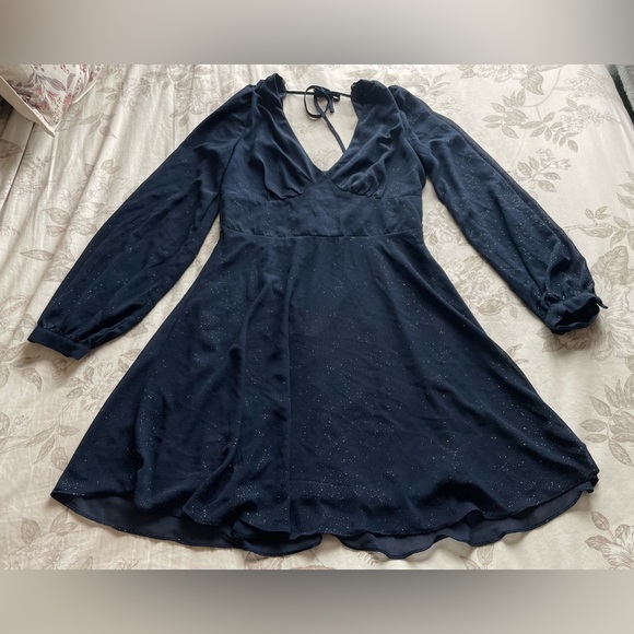 Y2K Navy Glitter Pintuck Babydoll Sheer Puff Sleeve Mini Dress 6 Hoco Prom Dance - Picture 1 of 9